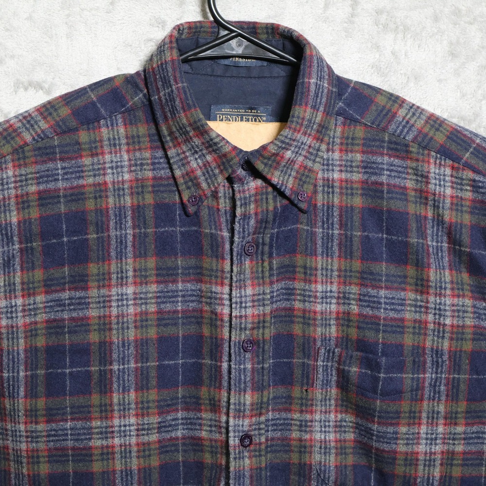 Pendleton Fireside Shirt Mens Medium Blue Green Red Plaid Flannel Wool Button-Up